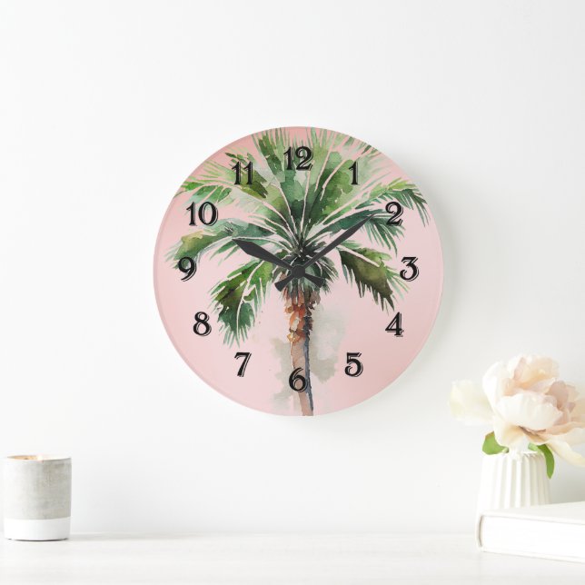 Blush Pink Tropical Palm Tree  Large Clock (Home)