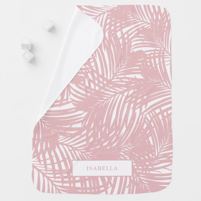 Blush Pink Tropical Palm Tree Leaf Personalized Baby Blanket (In Situ)