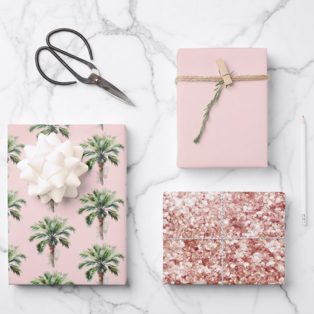 Blush Pink Tropical Palm Tree Wrapping Paper Sheets (Front)