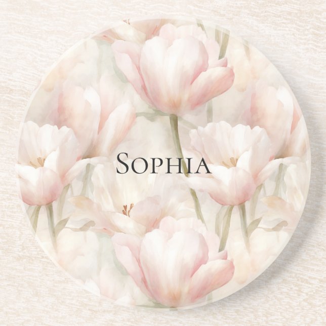 Blush Pink Tulips Floral  Coaster (Front)
