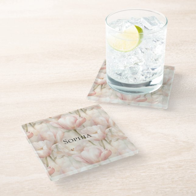Blush Pink Tulips Floral  Glass Coaster (Angled)