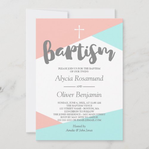 Blush Pink Turquoise Geometric Twins Baptism Invitation