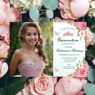 Blush Pink Two Photo Floral Quinceanera Invitation