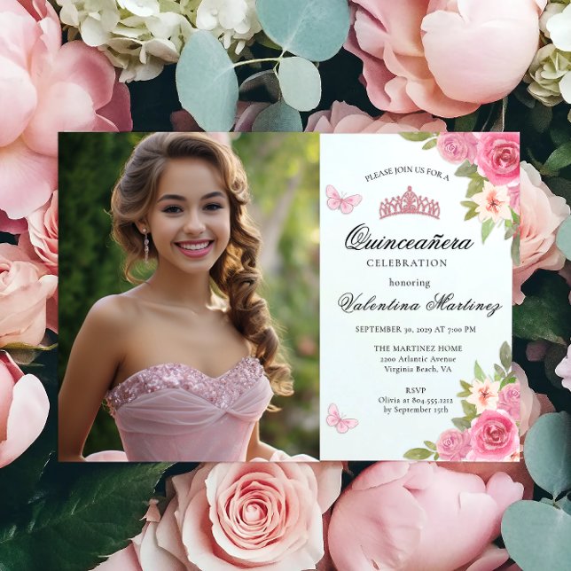 Blush Pink Two Photo Floral Quinceanera  Invitation (Creator Uploaded)