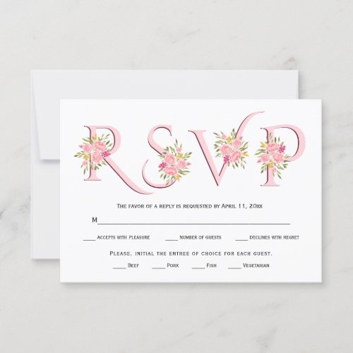 Blush pink typography and pink roses RSVP card