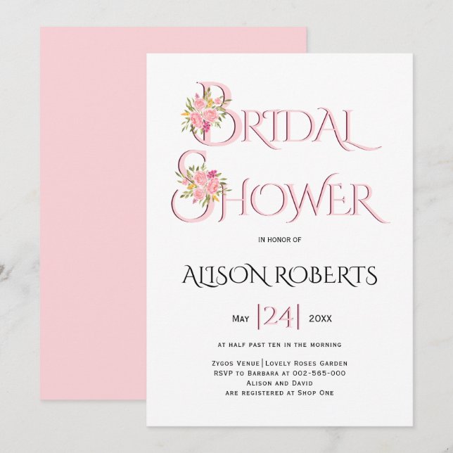 Blush pink typography, pink roses bridal shower invitation (Front/Back)