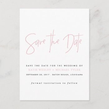 Blush Pink Typography Save The Date Announcement Postcard by fancypaperie at Zazzle