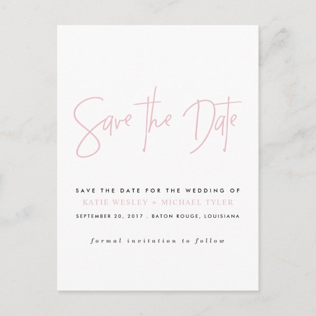 Blush Pink Typography Save the Date Announcement Postcard (Front)