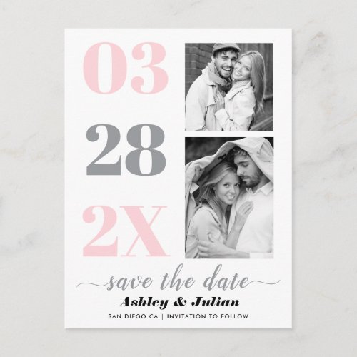 Blush pink ultimate gray two photo Save the Date Postcard