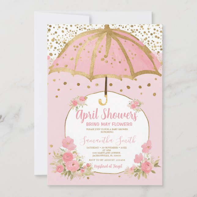 Blush Pink Umbrella April Showers Bring May Flower Invitation (Front)