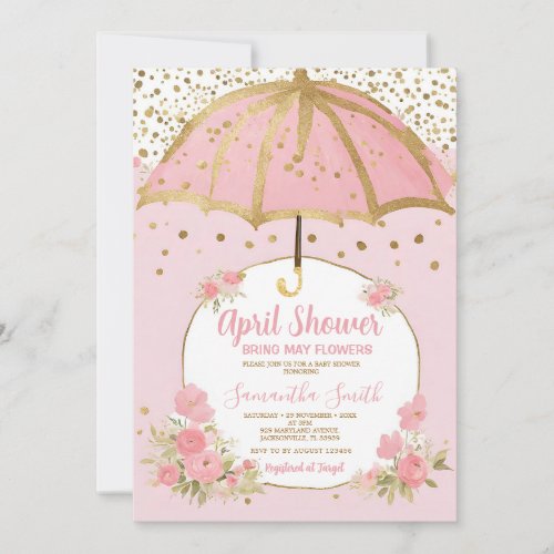 Blush Pink Umbrella April Showers Bring May Flower Invitation