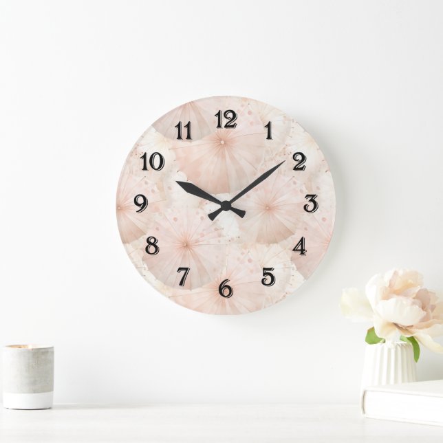 Blush Pink Umbrellas Stripes Large Clock (Home)
