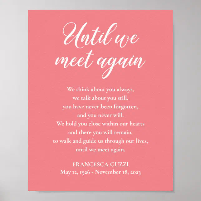 Blush Pink Until We Meet Again Memorial Poem Name Poster | Zazzle