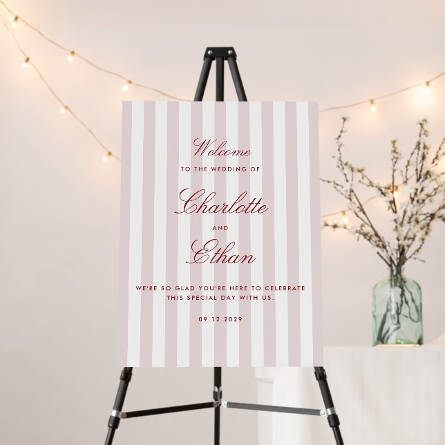 Blush Pink Vertical Stripes Wedding Welcome Sign (In Situ (Stand))