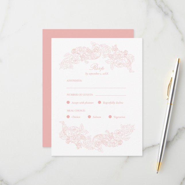 Blush Pink Victorian Meal Choice RSVP Card (Front/Back In Situ)