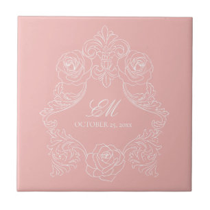 Blush Pink Victorian Monogram Wedding Ceramic Tile