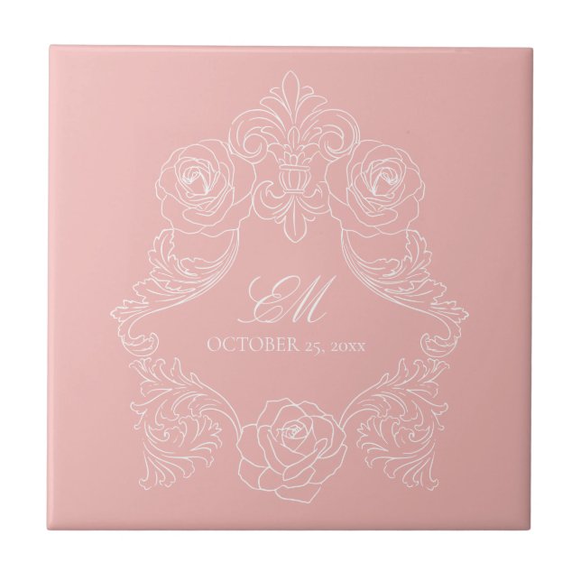 Blush Pink Victorian Monogram Wedding Ceramic Tile (Front)