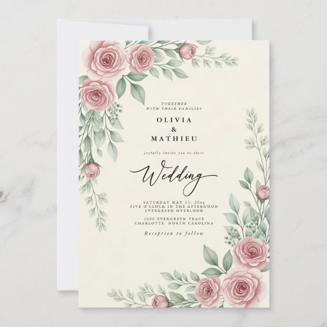 Blush Pink Vintage Botanical Wedding Invitation (Front)