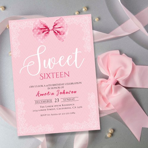 Blush Pink vintage Bow Sweet sixteen birthday Invitation