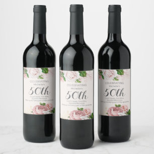 Blush Pink Vintage Floral 50th Birthday  Wine Label