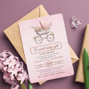 Blush Pink Vintage Floral Baby Carriage Baby Showe Invitation