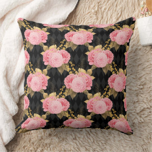 Blush Pink Vintage Floral Black Harlequin Pattern Throw Pillow