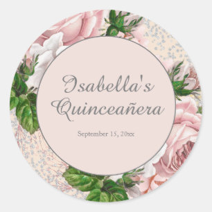Blush Pink Vintage Floral Glitter Quinceañera Classic Round Sticker