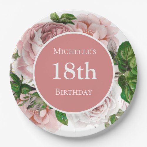 Blush Pink Vintage Floral Greenery 18th Birthday Paper Plates