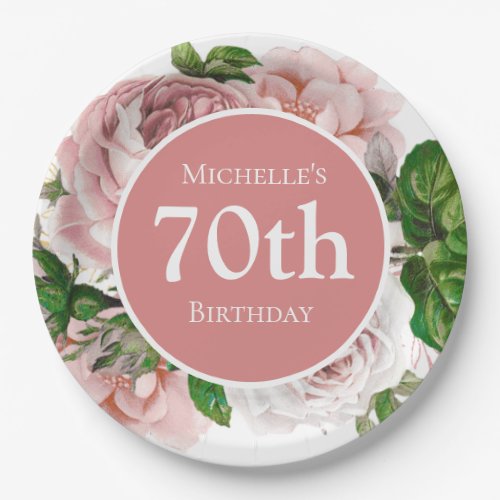 Blush Pink Vintage Floral Greenery 70th Birthday Paper Plates