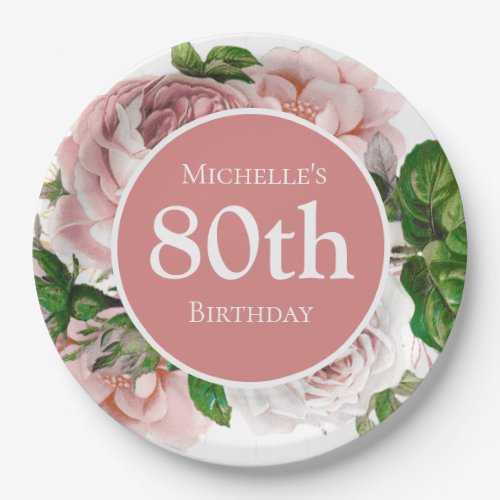 Blush Pink Vintage Floral Greenery 80th Birthday Paper Plates