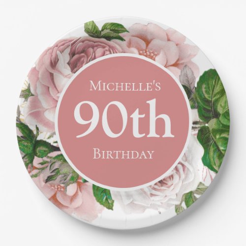 Blush Pink Vintage Floral Greenery 90th Birthday Paper Plates