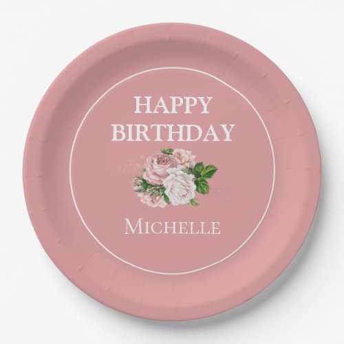 Blush Pink Vintage Floral Greenery Happy Birthday Paper Plates