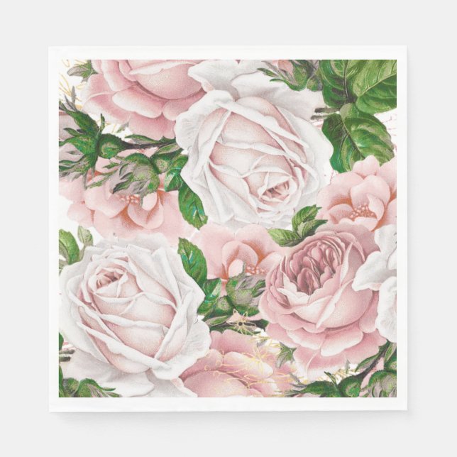 Blush Pink Vintage Floral Greenery Napkins (Front)