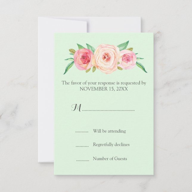 Blush Pink Vintage Floral Mint Wedding RSVP (Front)