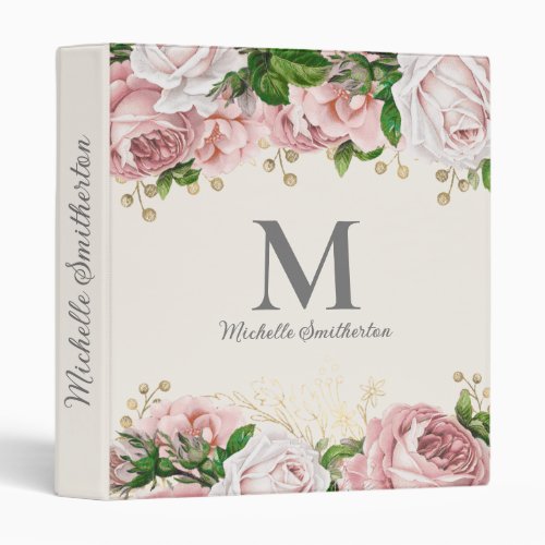 Blush Pink Vintage Floral Monogram Name Initial 3 Ring Binder