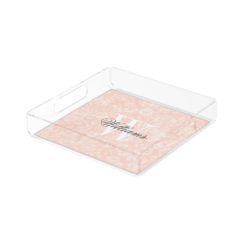 Blush Pink Vintage Floral Print Monogram Acrylic Tray