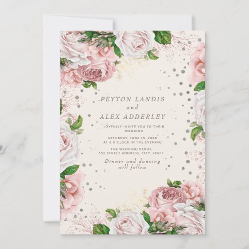 Blush Pink Vintage Floral Silver Glitter Wedding Invitation