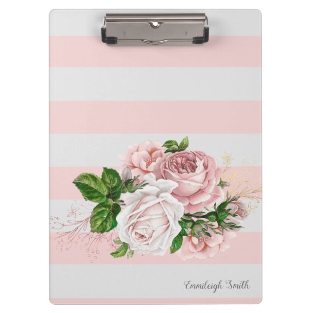 Blush Pink Vintage Floral Stripes Custom Clipboard (Front)