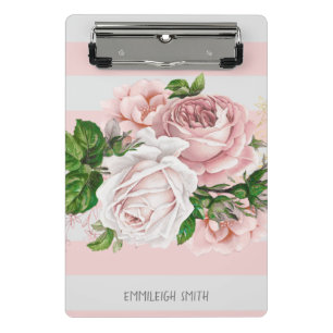 Blush Pink Vintage Floral Stripes Custom Mini Clipboard