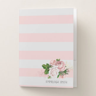 Blush Pink Vintage Floral White Stripes Custom Pocket Folder
