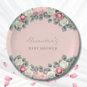 Blush Pink Vintage Garden Roses Baby Shower Paper Plates