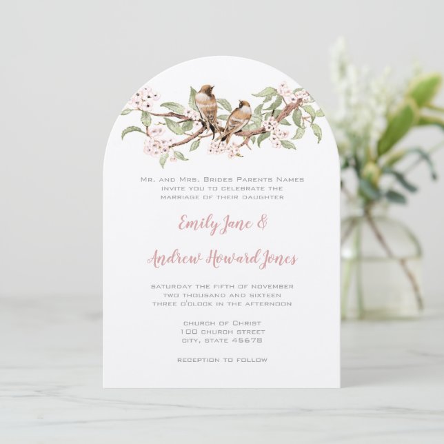 Blush Pink Vintage Love Bird Wedding Invitation (Standing Front)