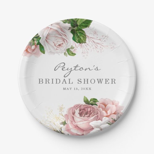 Blush Pink Vintage Rose Floral Bridal Shower White Paper Plates