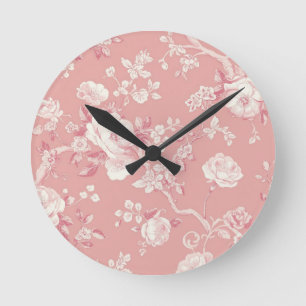 Blush Pink Vintage Rose Toile Floral Pattern Round Clock