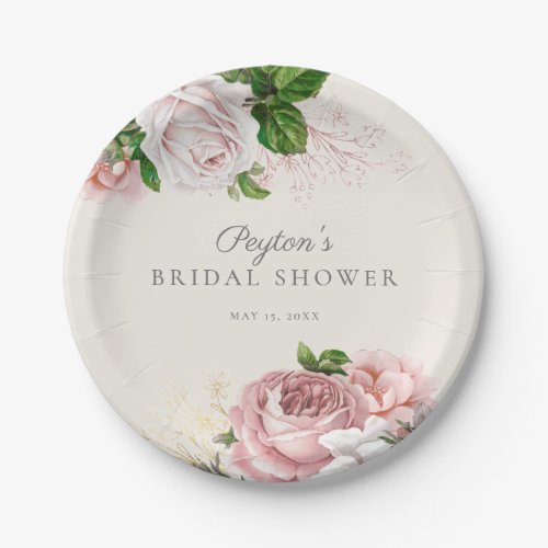 Blush Pink Vintage Roses Floral Bridal Shower Paper Plates