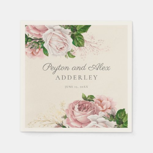 Blush Pink Vintage Roses Floral Wedding  Napkins