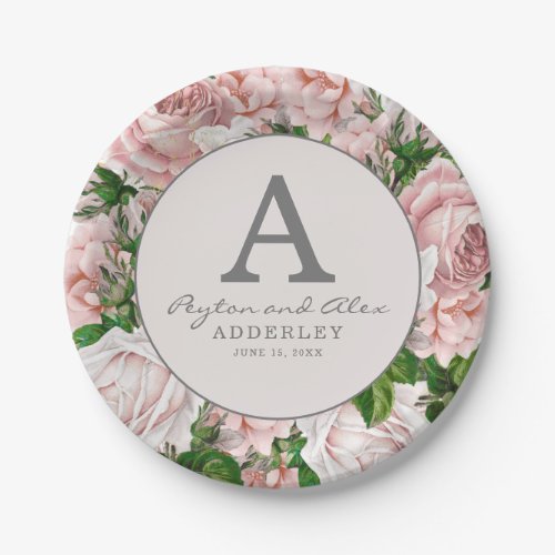 Blush Pink Vintage Roses Floral Wedding   Paper Pl Paper Plates