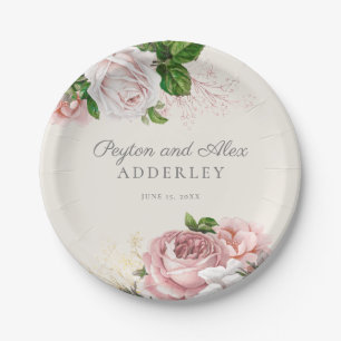 Blush Pink Vintage Roses Floral Wedding Paper Plates