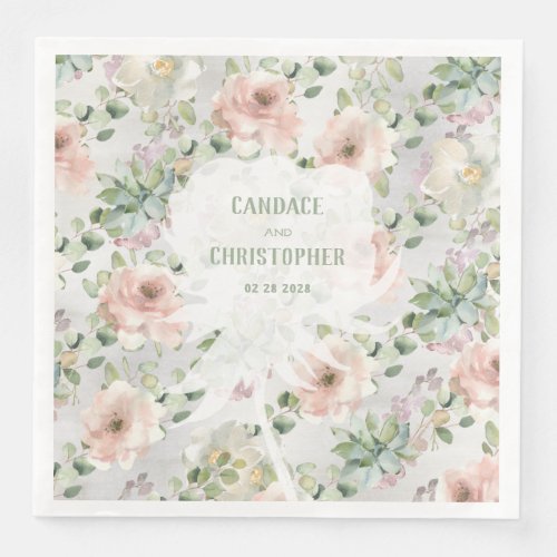 Blush Pink Vintage Roses Succulents  Eucalyptus   Paper Dinner Napkins