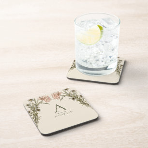 Blush Pink Vintage Watercolor Floral Monogram Beverage Coaster